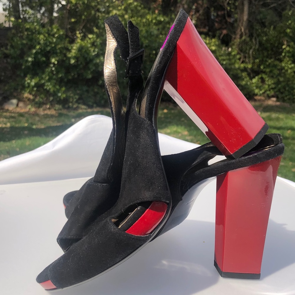 DVF Black Suede Red Patent Leather Block Chunky Heel Platform Y2K Vintage 8.5 9